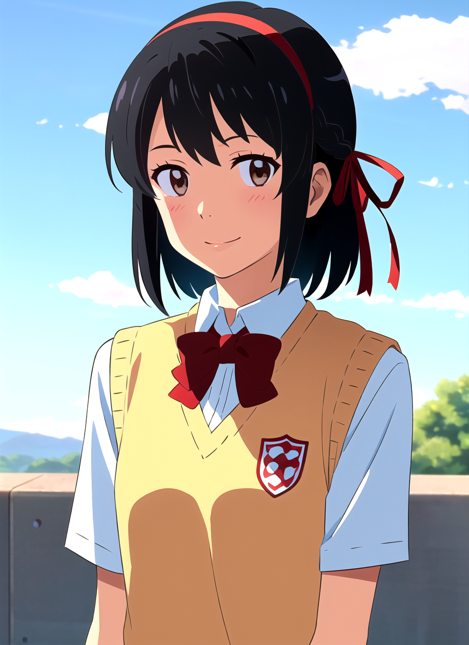 3978531158-3227021174-shinkai makoto, kimi no na wa., 1girl, bangs, black hair, blue sky, blush, bow, bowtie, brown eyes, cloud, collared shirt, hair.png